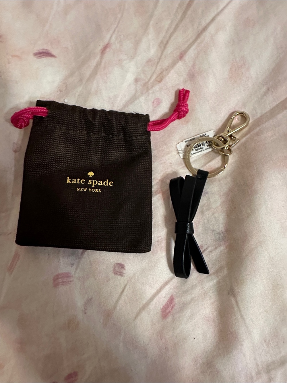kate spade Black Leather Bow Keyring with Gold Hardware
